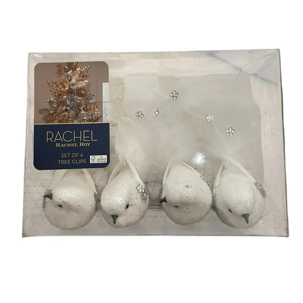 Rachel Roy Rhinestone Feathered Dove Christmas Tree Clips Set of 4 White New